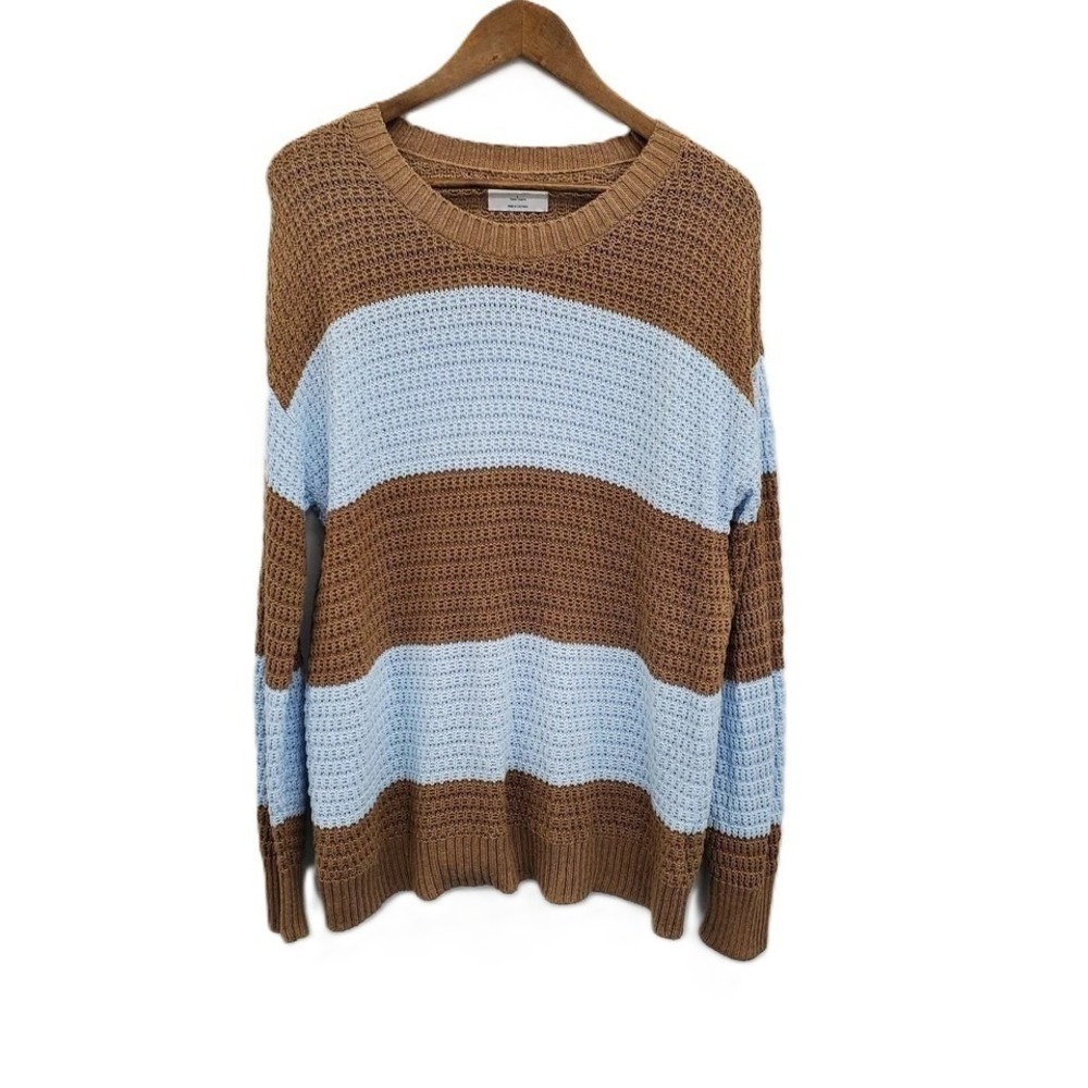 Old Navy‎ Tan Blue Stripe Tunic Sweater Loose Knit Pullover Slouchy Casual L